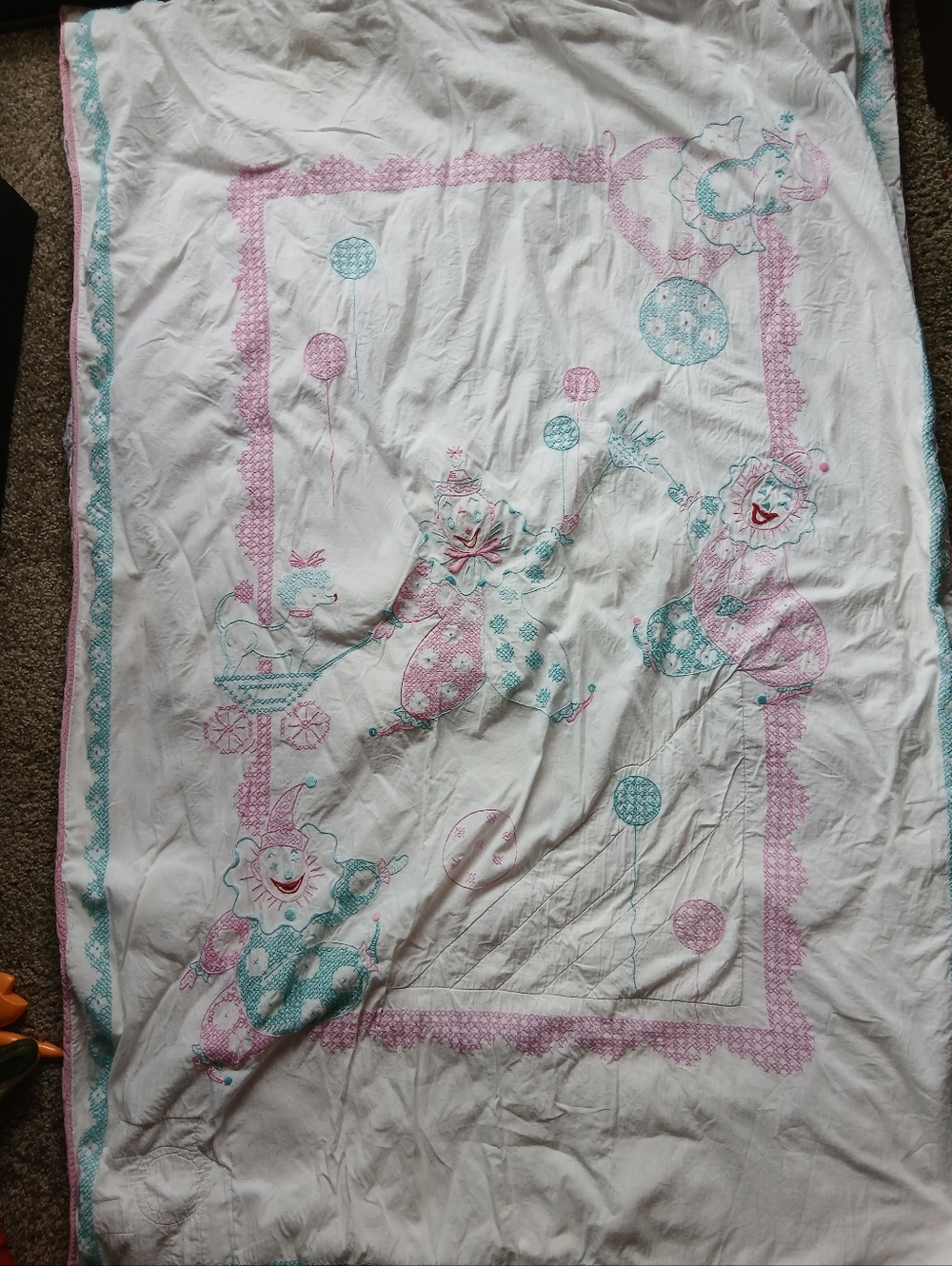 Vintage Children's Quilt with Pink and Teal Clown Print